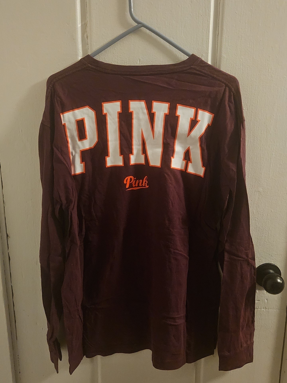 PINK Victoria's Secret Long Sleeve Tee in Deep Plum with White/Orange Logo - Picture 2 of 2